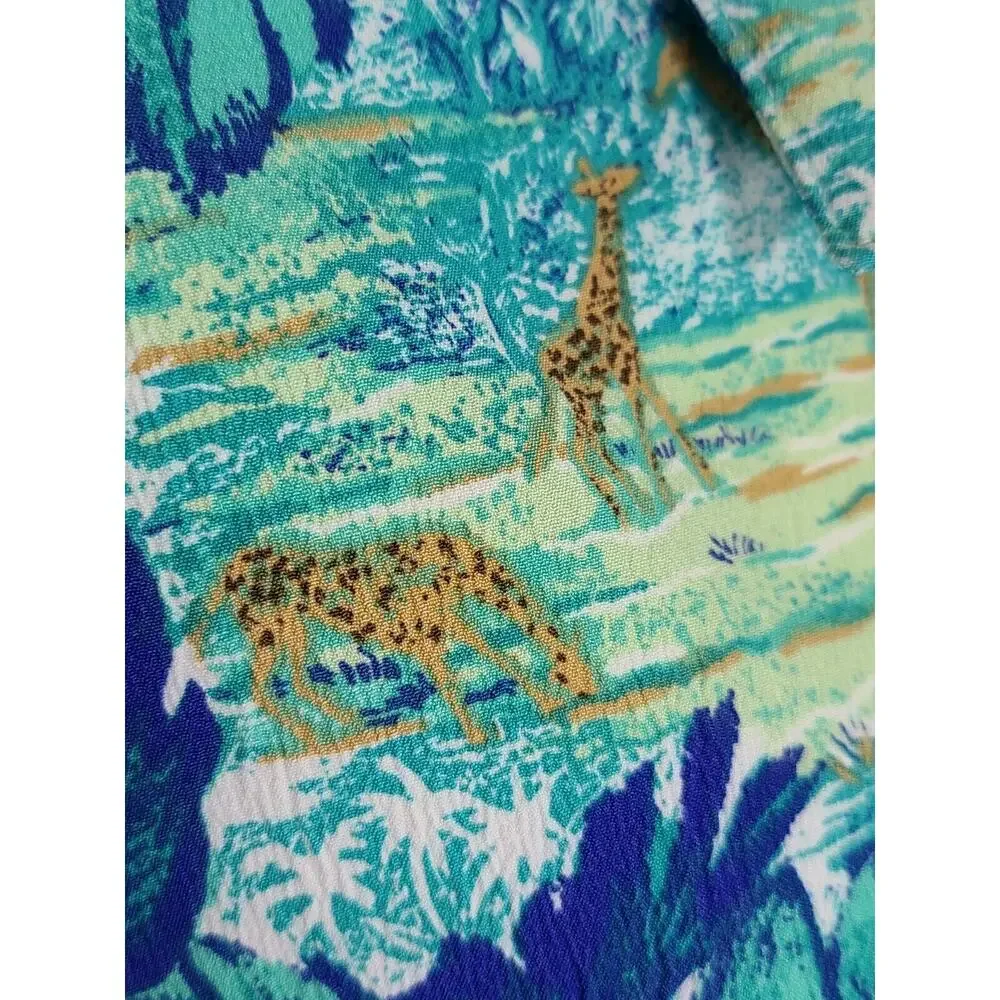 Nikki Polyester‎ Jungle Button Up Sz XL Short Sleeve Blue Giraffe
